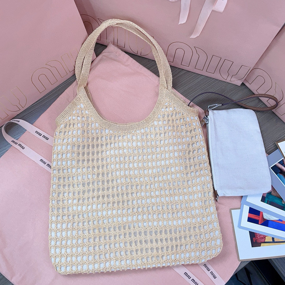 MIU M WOVEN FABRIC TOTE BAG