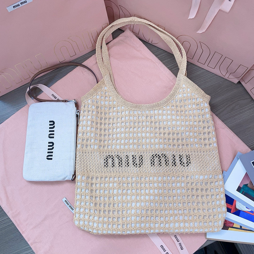 MIU M WOVEN FABRIC TOTE BAG