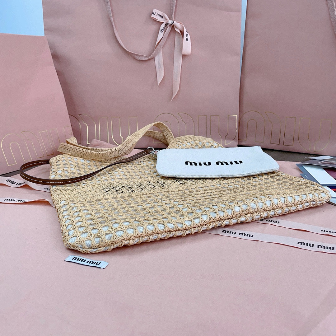 MIU M WOVEN FABRIC TOTE BAG